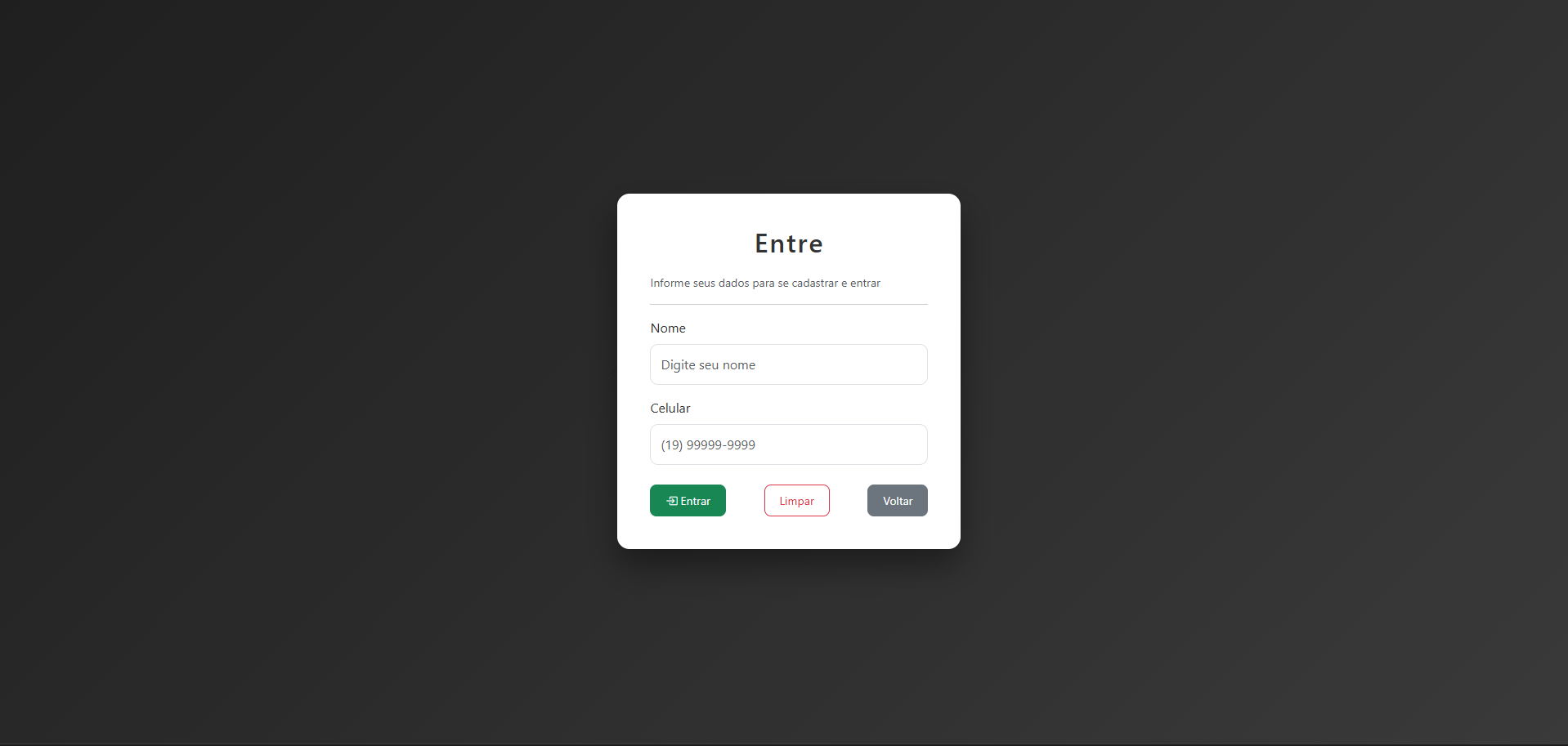 Página de login da pizzaria. Para visualizar mais, acesse os projetos.