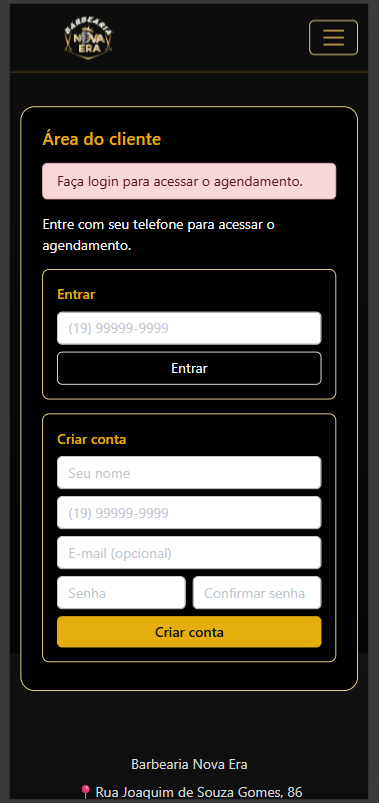 Página de login da barbearia. Para visualizar mais, acesse os projetos.